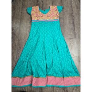 Muskan India Teal Aqua Pink Gold Short Sleeve V Neck Long Cotton Dress Small